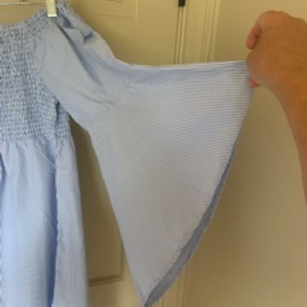 Baby blue and white stripe; off the shoulder dress